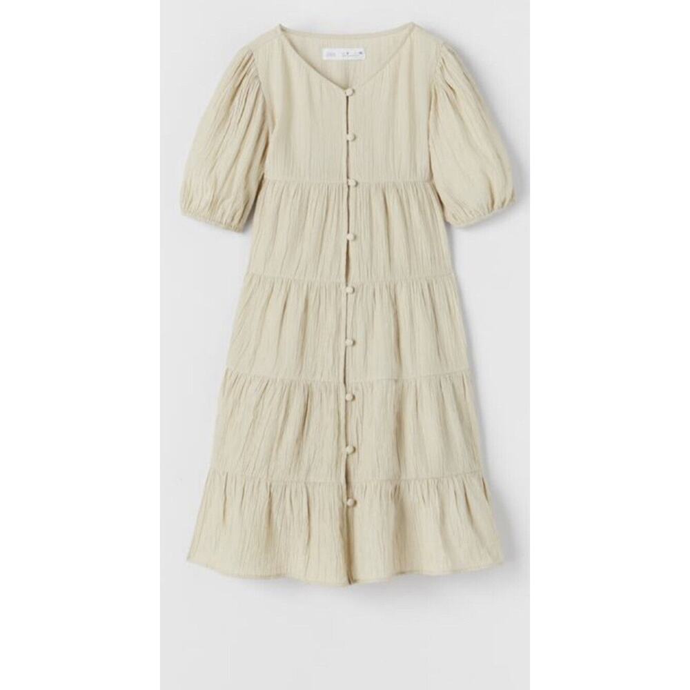 Zara Tan Tiered‎ Ruffle Puff Button Front Sleeve Mididress NWT SZ 13-14 Jr